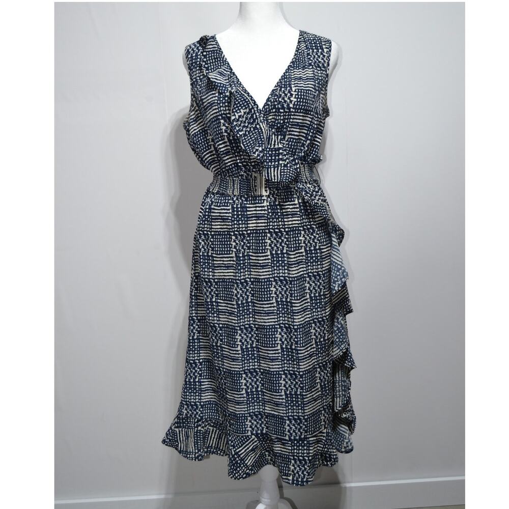 Banana Republic Faux Wrap Blue & Cream Ruffle Midi Dress With Belt Size 6